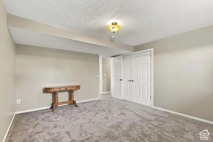 Wall-to-wall carpeting with light-toned walls, white trim, and a semi-flush mount ceiling light