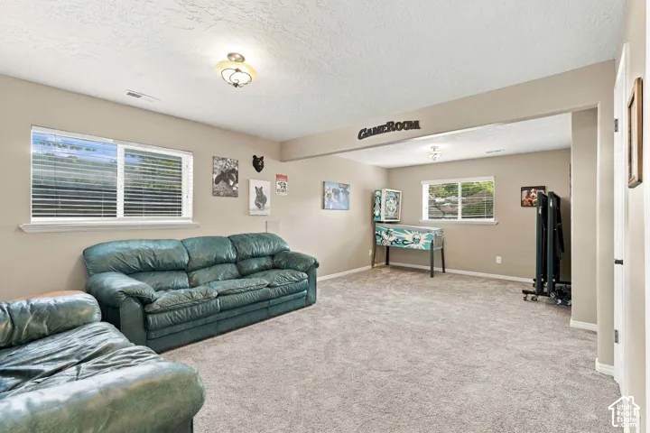 Carpeted flooring, recessed ceiling lighting, two windows with blinds, and neutral wall tones