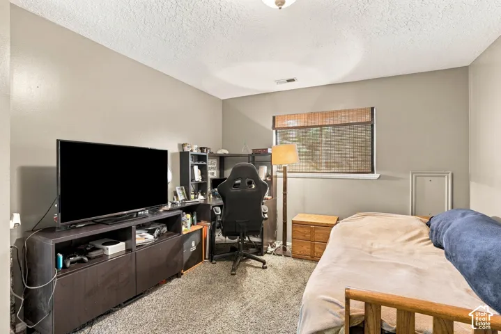Neutral paint tones, textured ceiling, window with bamboo-style blind, and carpeted flooring