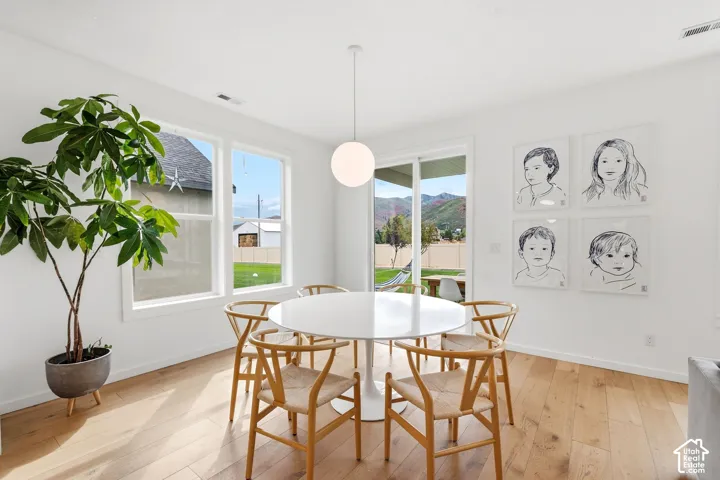Wood-finish flooring, white walls, and a contemporary spherical pendant light