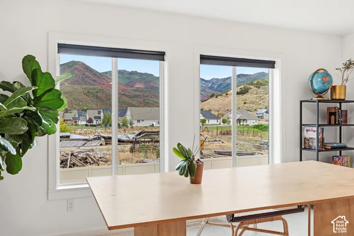 Dual windows with roller shades, showcasing distant mountain scenery
