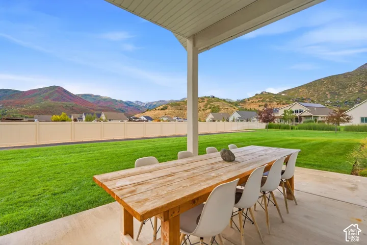 Covered concrete patio with expansive green lawn and mountain backdrop