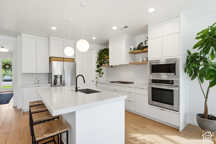 Contemporary kitchen featuring a large central island, stainless steel appliances, white cabinetry, and light wood-finish flooring