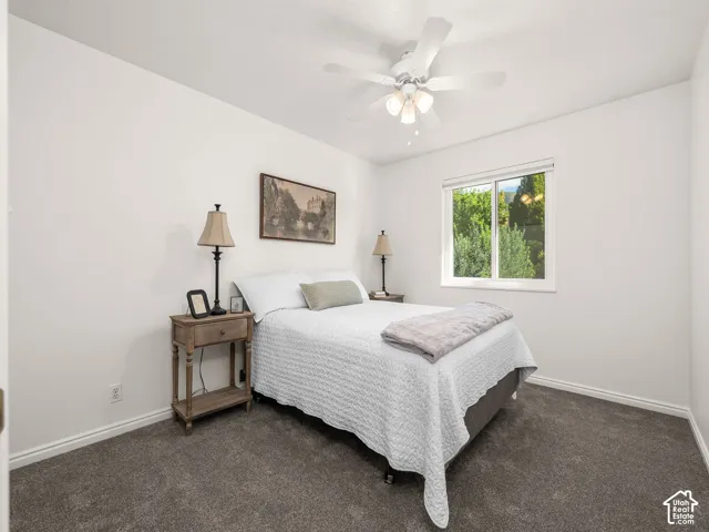 White walls, gray carpet flooring, ceiling fan with integrated lighting, and a single window