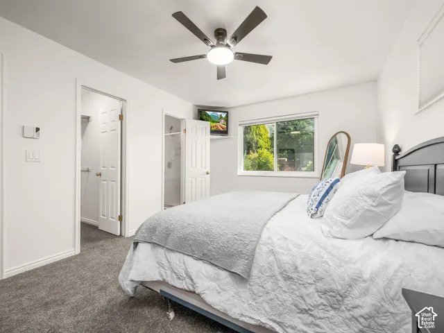 Recessed window with white blinds, dark gray carpet flooring, white walls, ceiling fan with integrated lighting, and two white doors