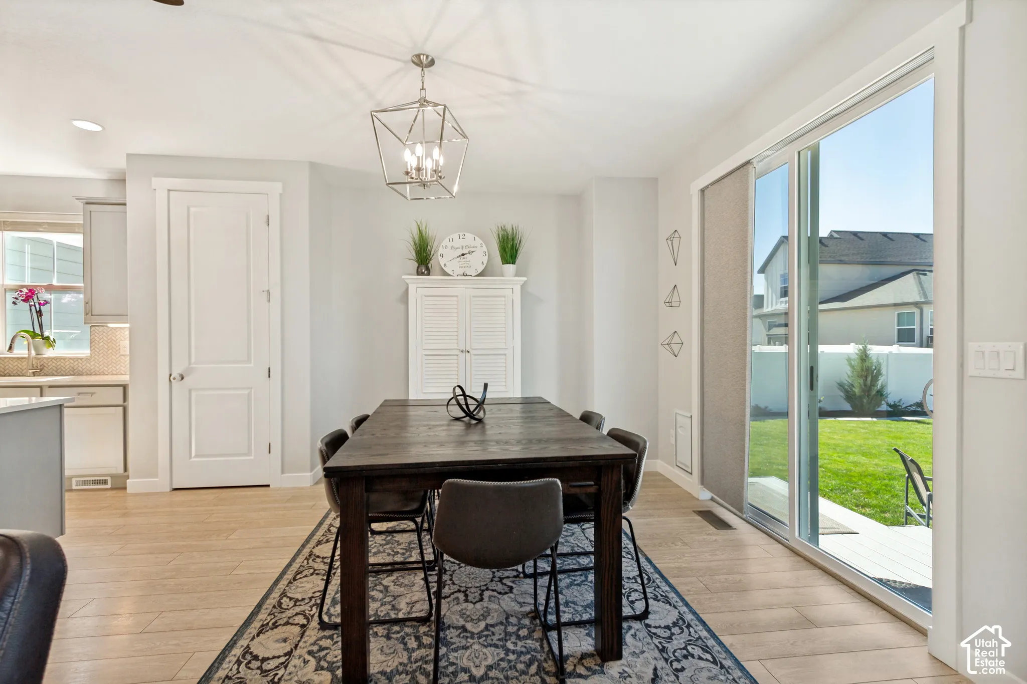LVP flooring, white paneled interior doors, and a decorative geometric pendant light fixture