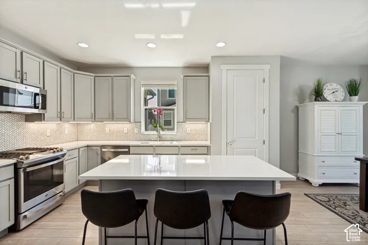 Modern kitchen featuring stainless steel appliances, light gray cabinetry, a white countertop island, and LVP flooring