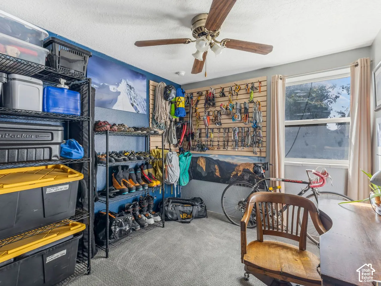 Built-in shelving, wall-mounted organization panels, window with drapes, ceiling fan with light fixture, and carpeted flooring