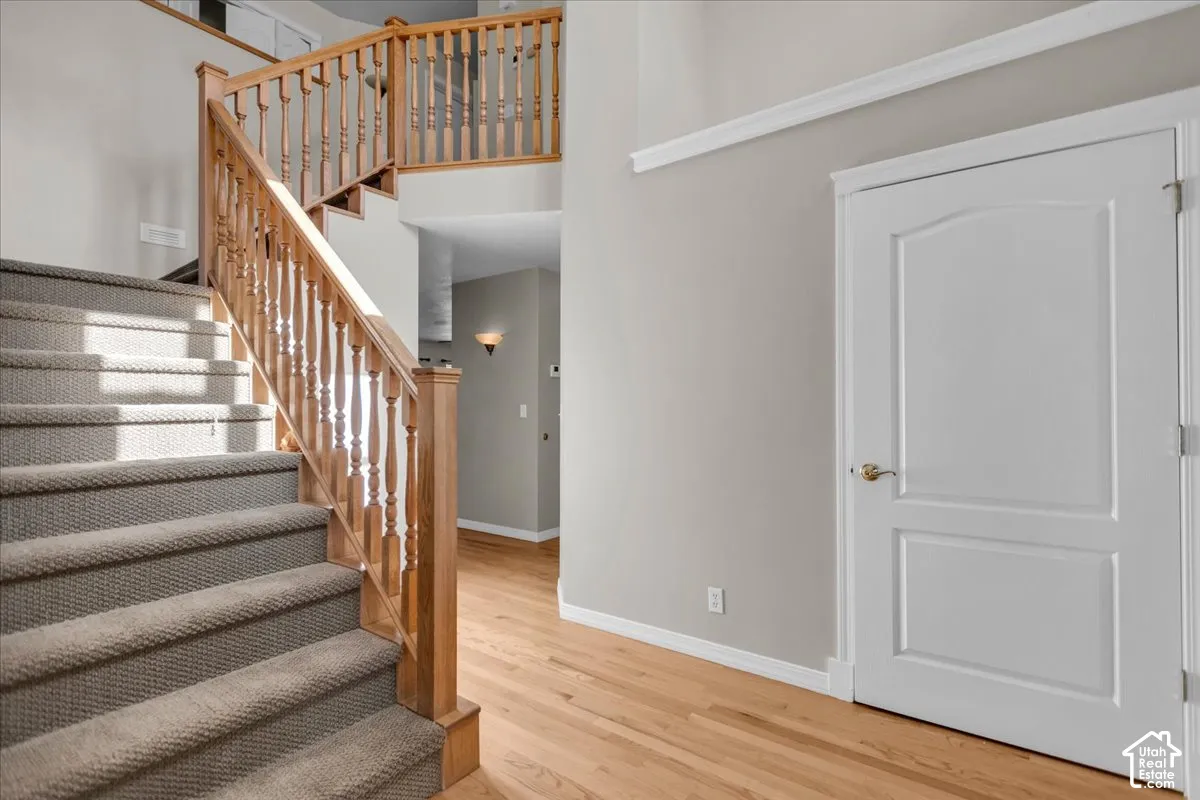 Wood-finish flooring, two-panel interior door, carpeted staircase, wood balusters, and crown molding