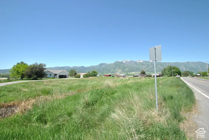 Secondary Lot - Expansive grass lot with a paved road, mountain range backdrop, and distant residential structures