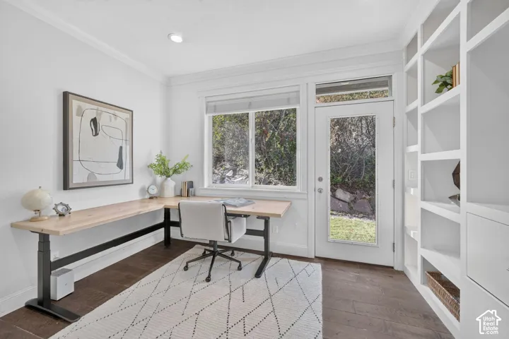 Rich wood-finish flooring, recessed lighting, built-in shelving, and a glass-paneled exterior door