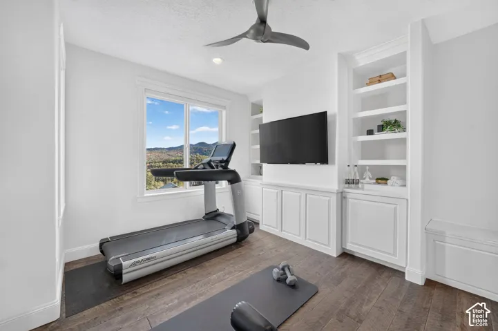 Hardwood-finish flooring, built-in shelving, built-in cabinetry, ceiling fan, and window with mountainous scenery