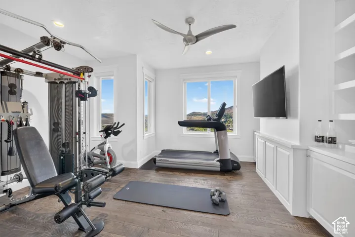 Interior room with rich wood-finish flooring