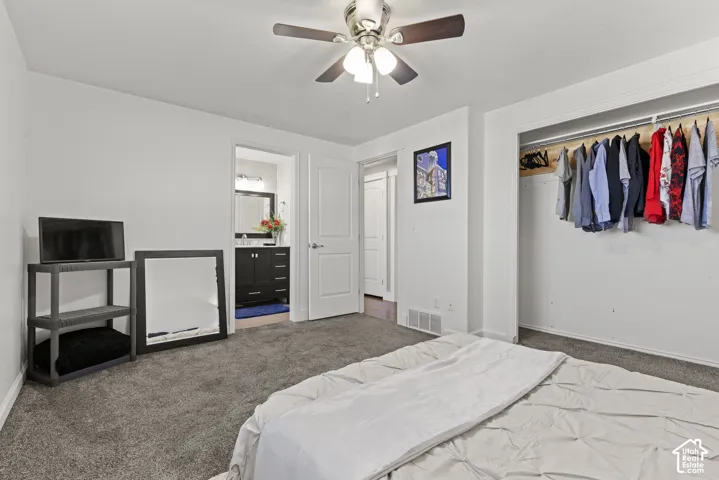 Plush grey carpeting, ceiling fan with light fixture, and an open closet