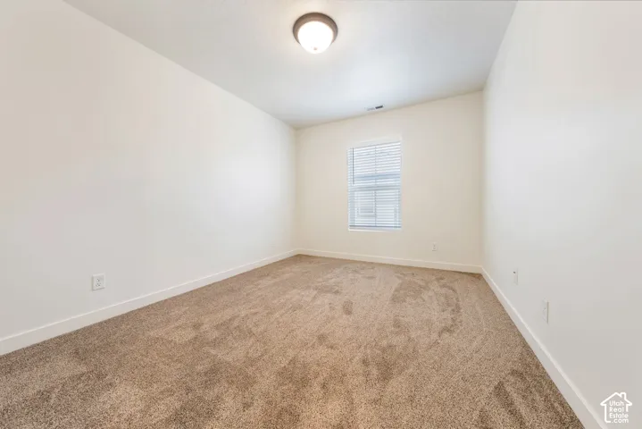 Neutral-toned wall paint, carpet flooring, a single window with blinds, and a ceiling-mounted light fixture