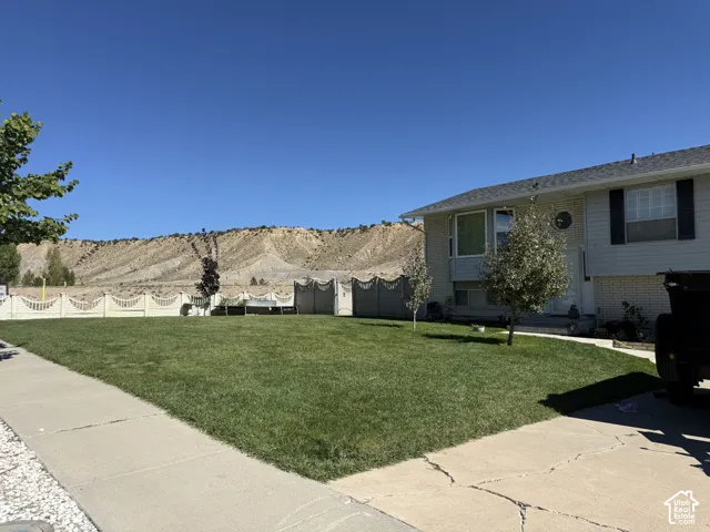Expansive front lawn with mature trees, concrete walkway, and a decorative fence