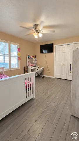 Wood-finish flooring, ceiling fan with integrated lighting, window with blinds, and white bi-fold closet doors
