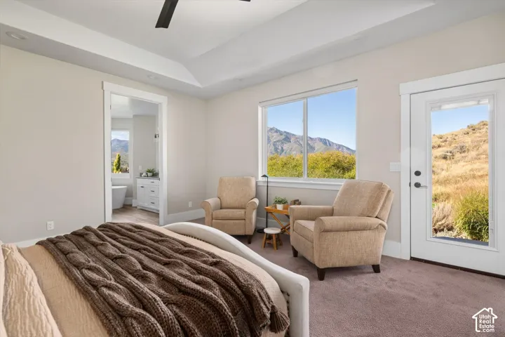 Tray ceiling with recessed lighting, large window, glass-panel door, and carpeted flooring