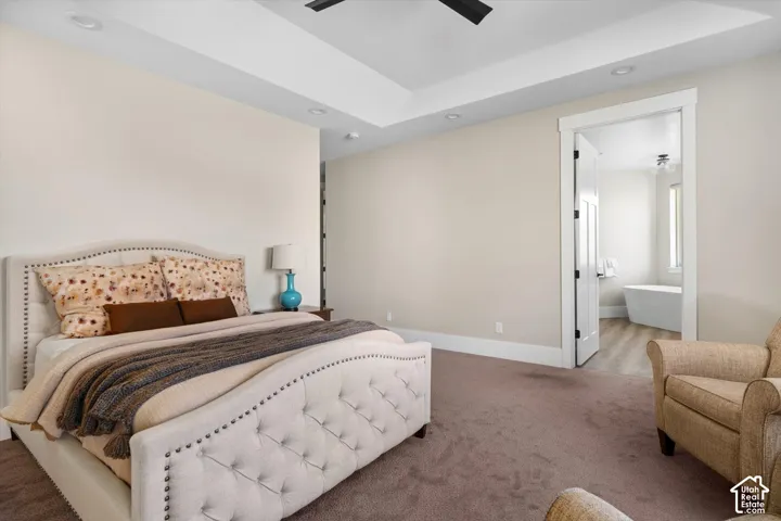 Tray ceiling with recessed lighting and a ceiling fan