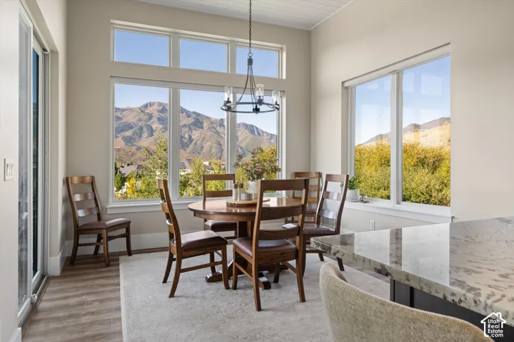 Vaulted ceilings, wood-finish flooring, mountain backdrop, and abundant natural light from expansive windows