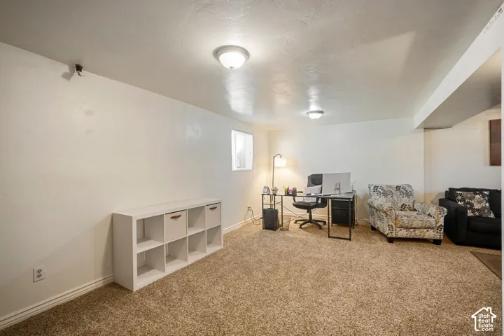 Carpeted flooring, recessed window, and flush-mount ceiling lighting