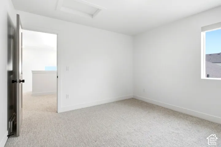 Light-toned carpeting with white walls, a single window, and a dark paneled door