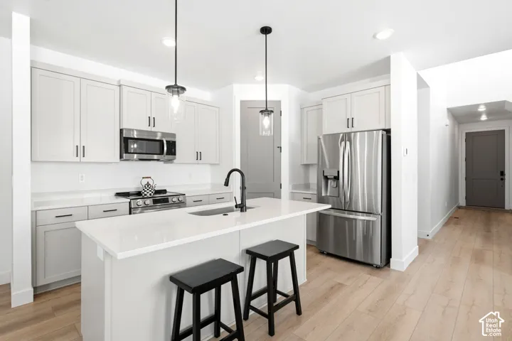 Kitchen featuring light wood-finish flooring, white cabinetry, stainless steel appliances, white countertops, and a central island with an undermount sink