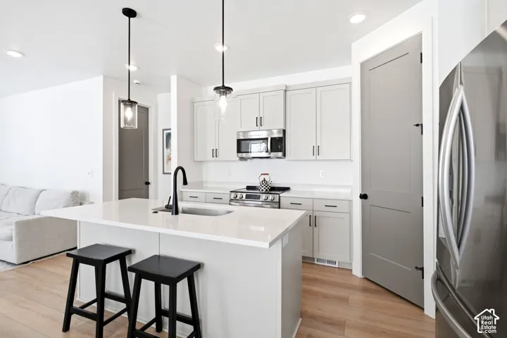 White kitchen with a center island and undermount sink, stainless steel appliances, light wood-finish flooring, and pendant lighting