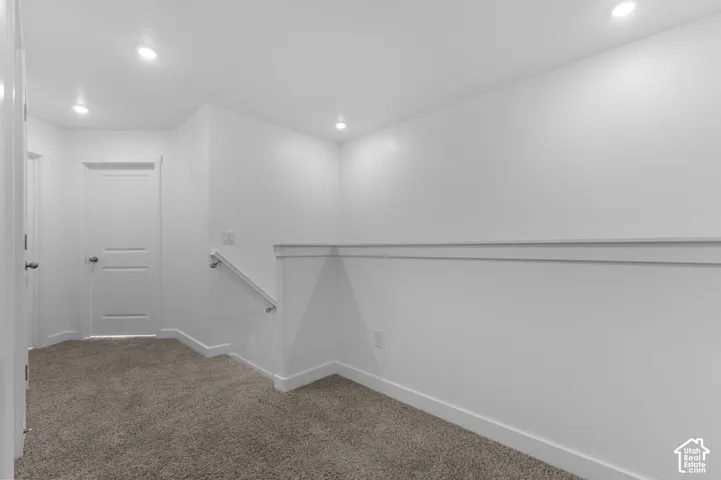 Plush carpeting, recessed lighting, white interior doors, and a partial wainscoting detail