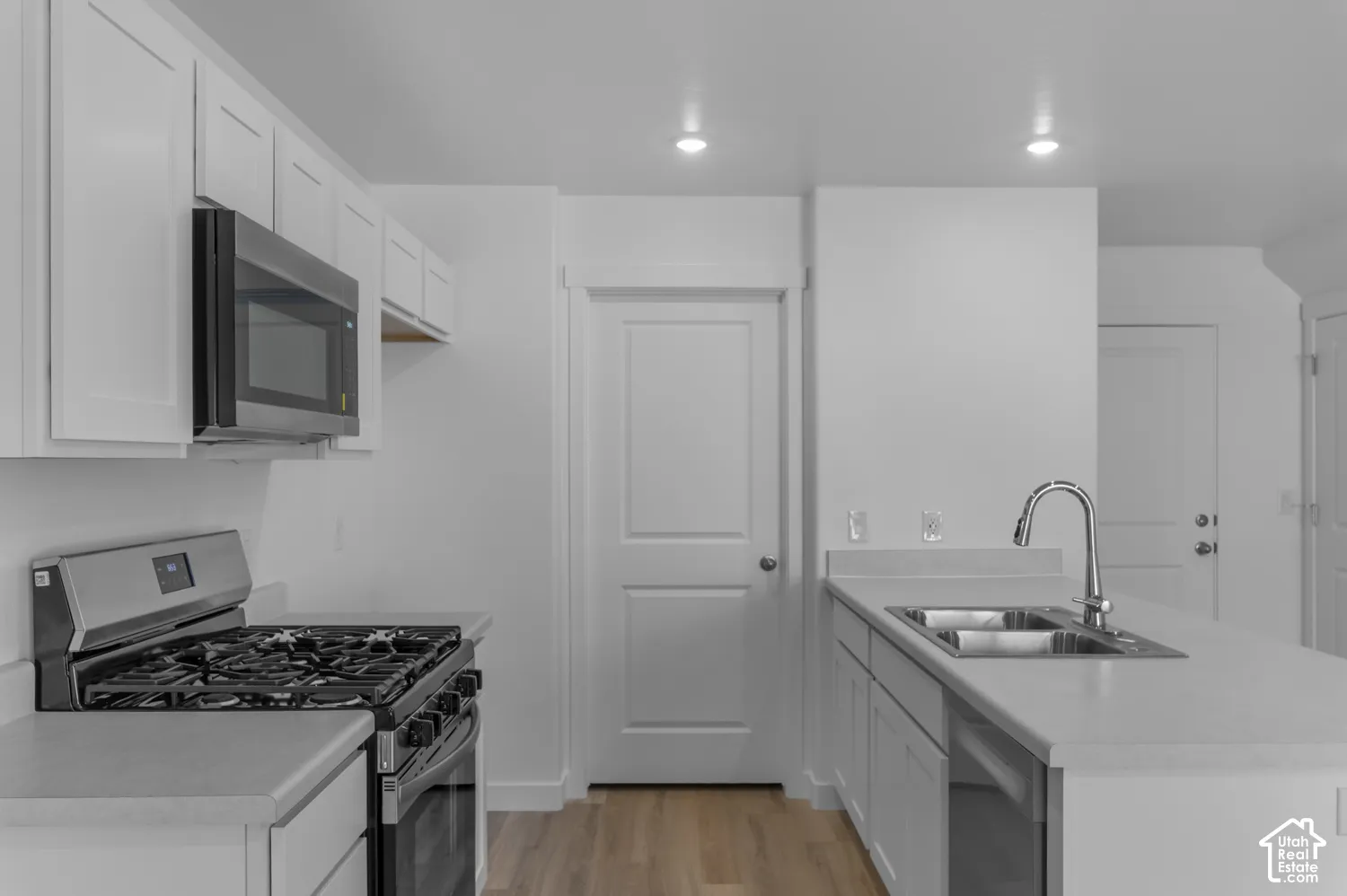 Contemporary kitchen featuring white cabinetry, stainless steel appliances, a double basin sink, and recessed lighting