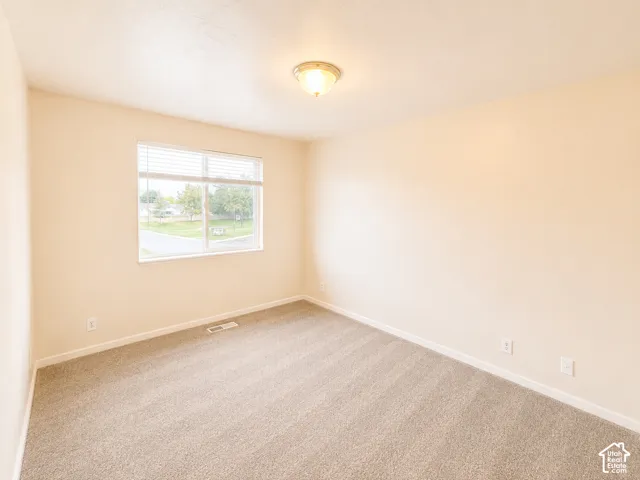 Neutral-toned walls with a window featuring horizontal blinds, overhead ceiling light fixture, and textured carpet flooring