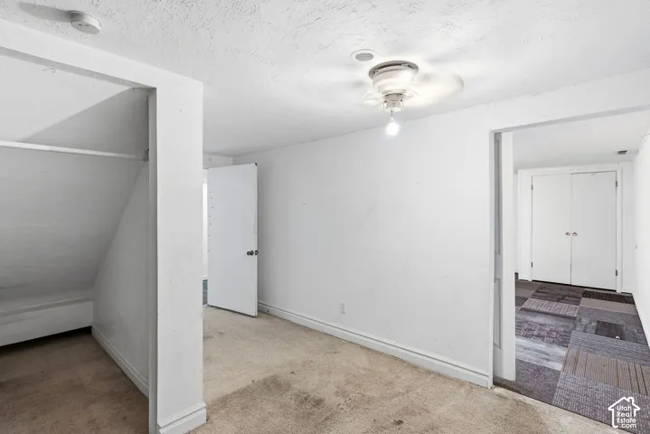 White painted walls with ceiling-mounted light fixture, and a built-in storage area