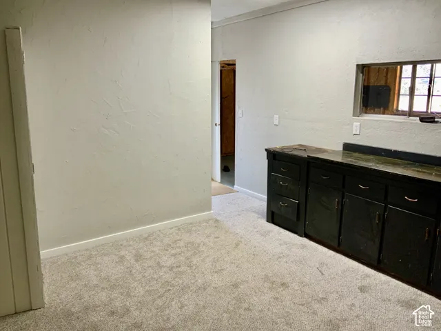 Wall-to-wall carpeting with an integrated cabinet unit featuring a countertop