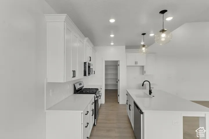 Modern kitchen featuring white cabinetry, a kitchen island with sink, stainless steel appliances, and recessed lighting