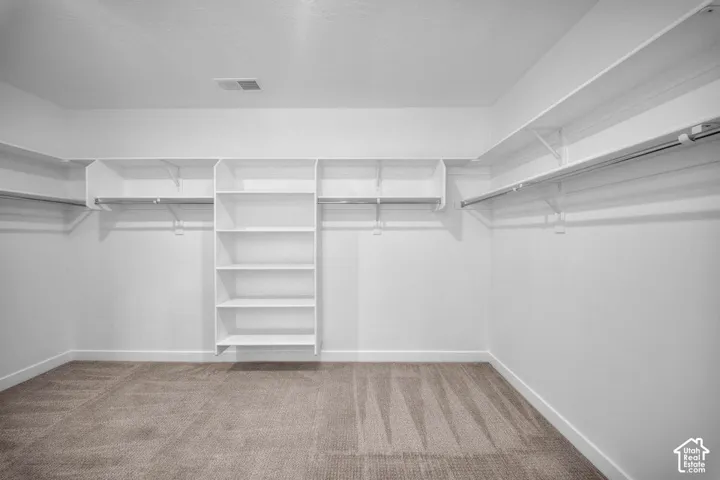 Built-in shelving, chrome hanging rods, and ample storage space complement the neutral wall tones and carpeted flooring