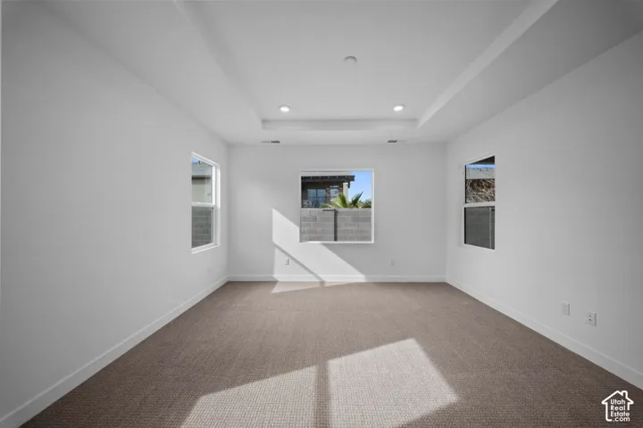 Recessed ceiling with integrated lighting, multiple windows, and neutral carpeting