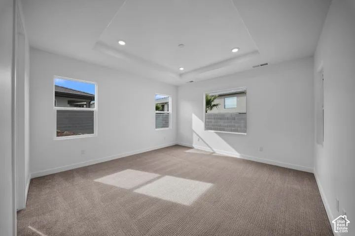 Recessed ceiling lighting, tray ceiling, multiple windows, neutral tone carpeting, and crisp white walls