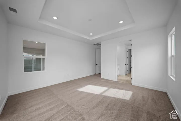 Recessed lighting, tray ceiling, two windows, two panel doors, and carpet flooring
