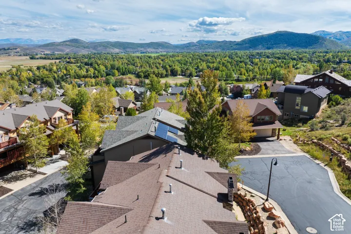 Rooftop solar panels, residential street with surrounding homes, and distant mountain landscape