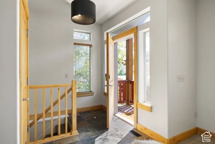 Entryway featuring slate tile flooring, a wood-finish front door with sidelights, a wood-finish staircase railing, and a black drum pendant light fixture