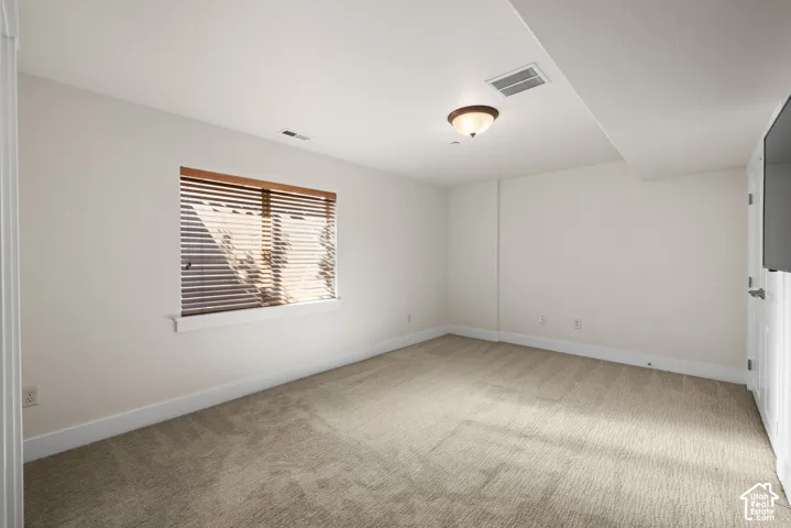 Recessed window with wood-finish blinds, neutral carpeting, flush-mount ceiling light, and white trim