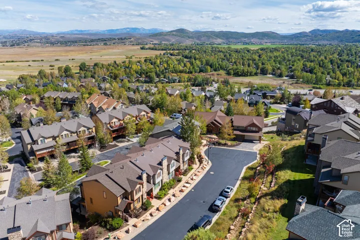 Residential development with diverse architectural styles, surrounded by mature trees and natural terrain