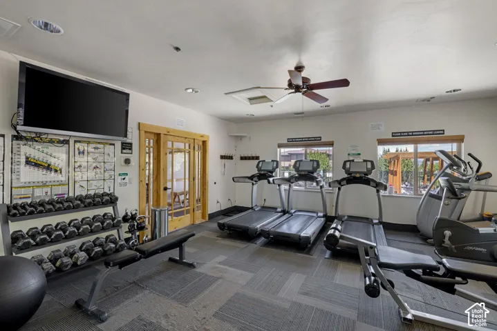 Fitness room featuring carpet tile flooring, multiple windows, and a ceiling fan