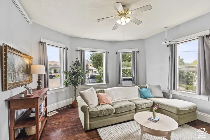 Bay window configuration with multiple windows, rich wood-finish flooring, ceiling fan, and light gray wall paint