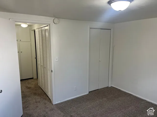 Carpet flooring, overhead flush mount lighting, white bi-fold closet doors, built-in cabinetry, and white wall finishes