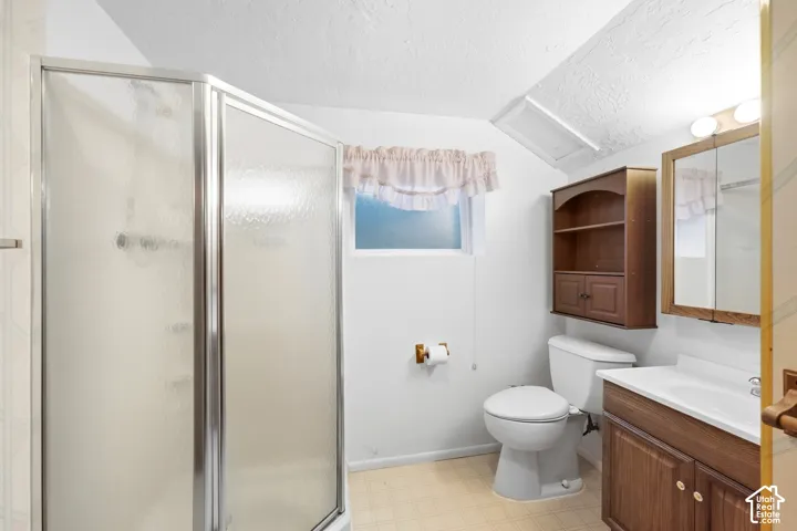 Shower enclosure with frosted glass, wood-finish vanity with an integrated sink, built-in medicine cabinet with integrated lighting, and a wall-mounted storage cabinet