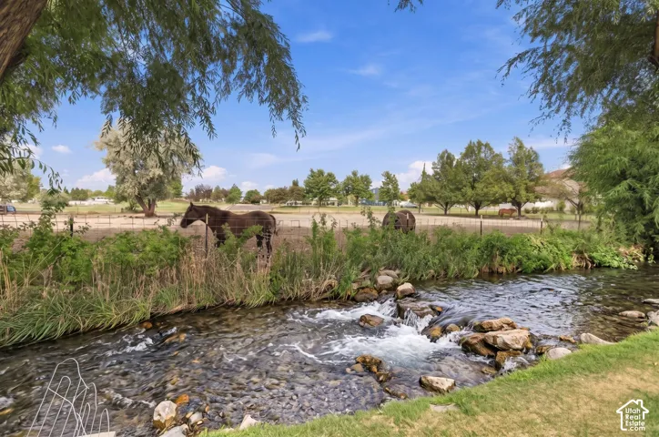 Flowing stream with natural rock features and green banks