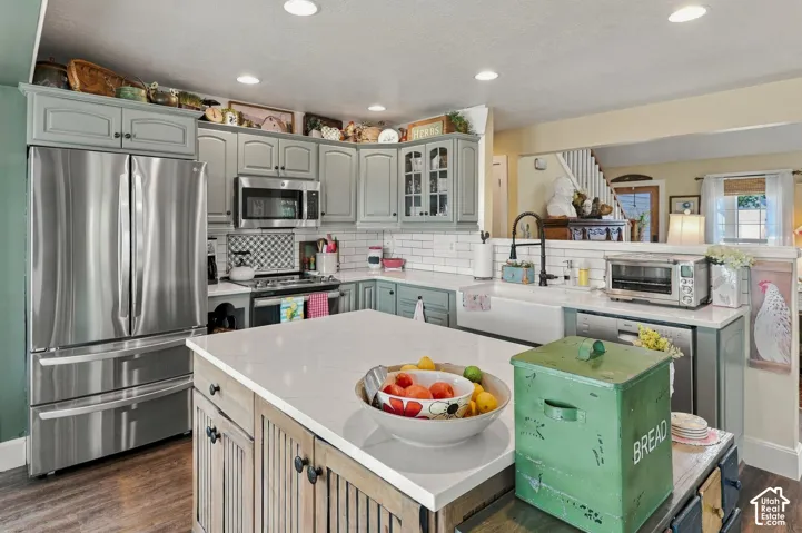 Kitchen featuring light gray cabinetry, stainless steel appliances, a white farmhouse sink, and a center island with a white countertop
