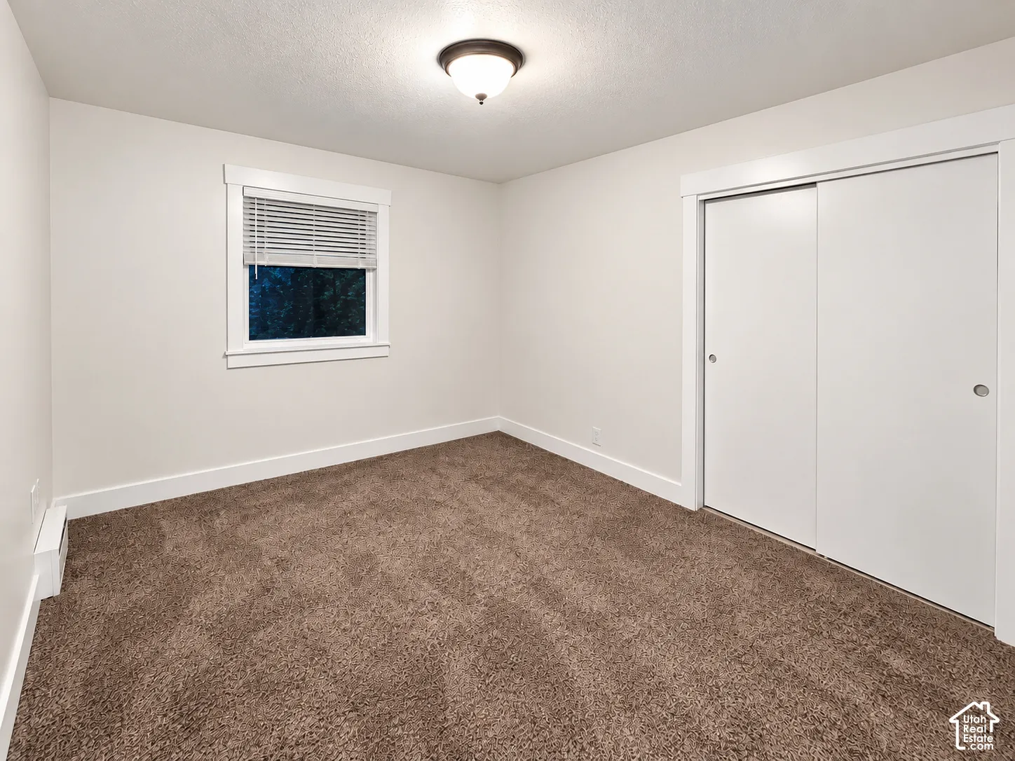 Neutral interior space featuring wall-to-wall carpeting, dual-panel sliding closet doors, a multi-pane window with attached blinds, and a centered flush-mount ceiling light fixture