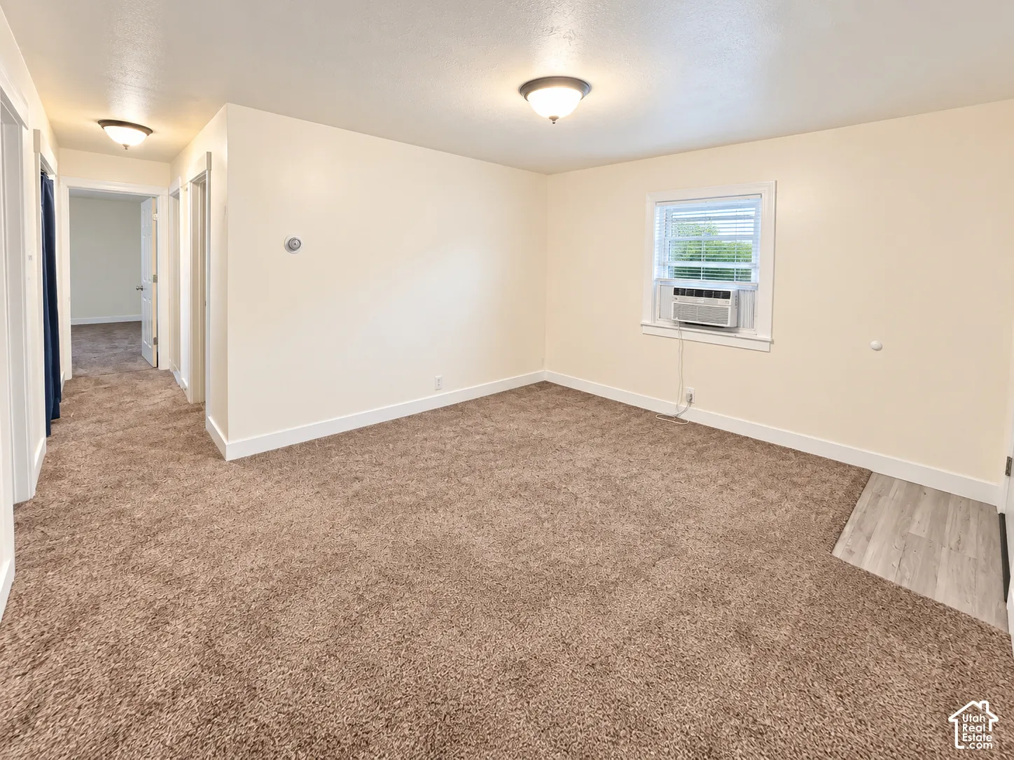 Neutral-toned wall-to-wall carpeting, wood-finish flooring entry segment, dual dome-style ceiling light fixtures, and a window with a built-in air conditioning unit